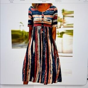 Button-Front Striped Midi Dress in Navy and Coral. Shoulder to bottom - 48”, L